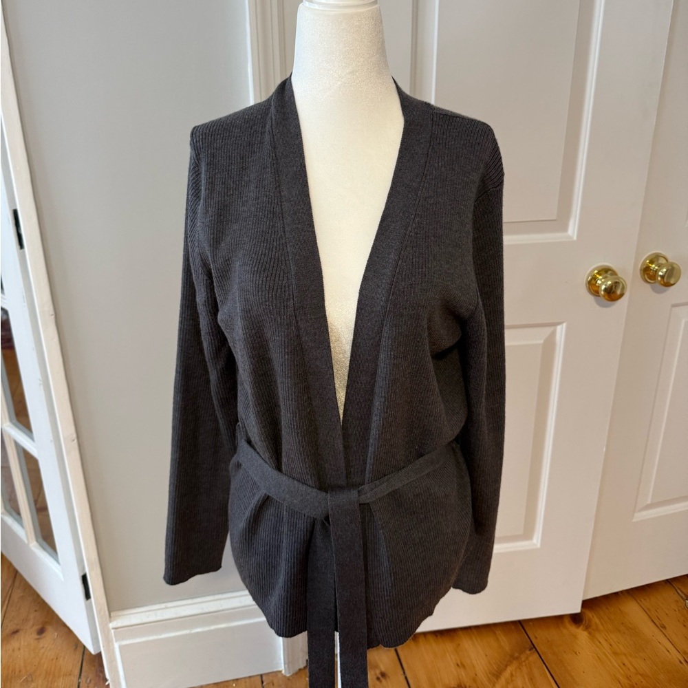 Stretch Wool Blend Tie-Front Ribbed Cardigan XL-fits medium- Charcoal GAP